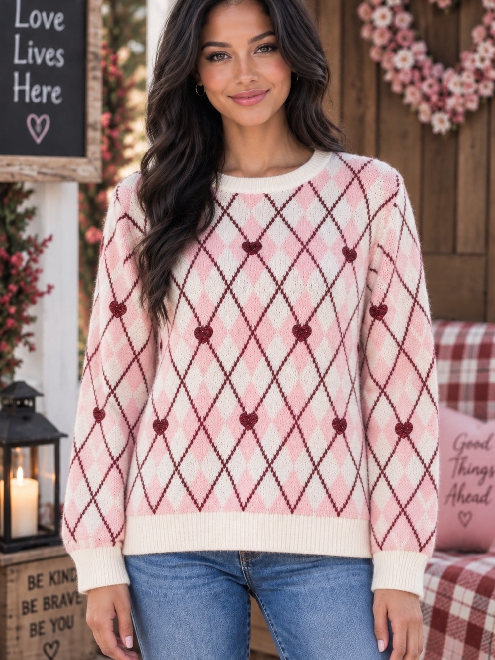 CeCe Women’s PS Pink Cream Argyle Heart Sweater Sequin Accents NWT